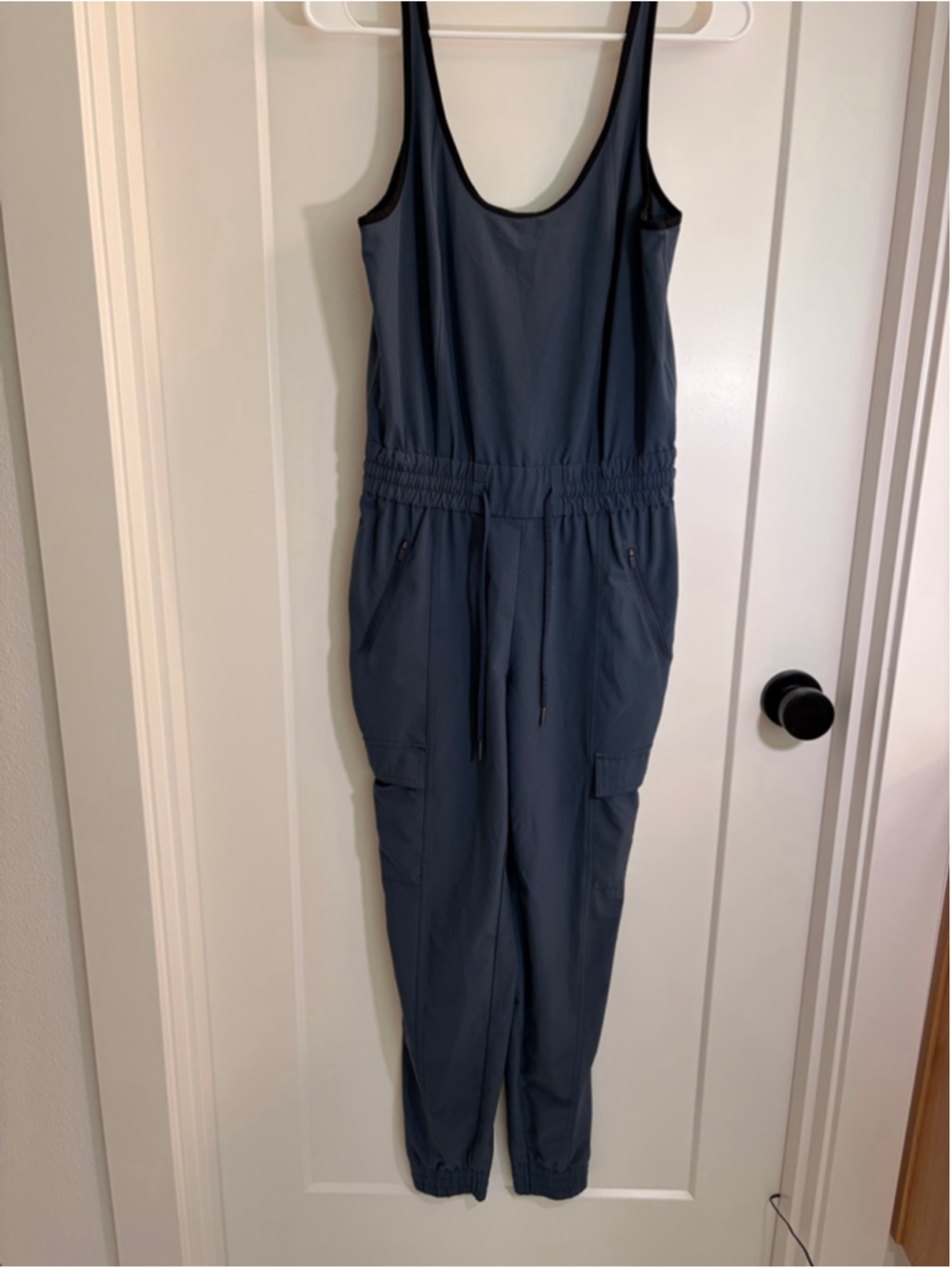 Athleta Two-Tone Blue Cargo Jumpsuit Size XXS EUC Drawstring Zipper Pockets